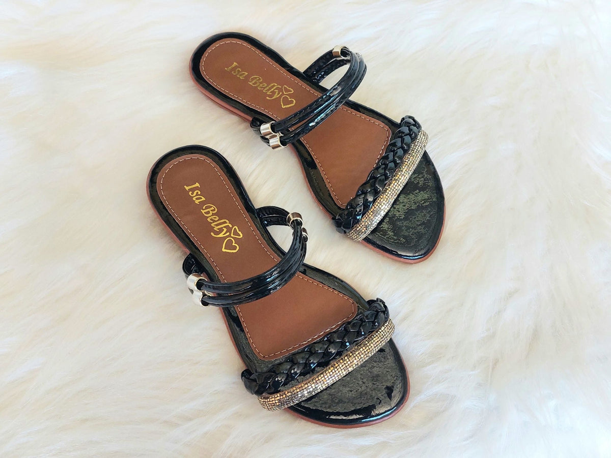 Sandália Rasteira com Tira Glitter - Preto